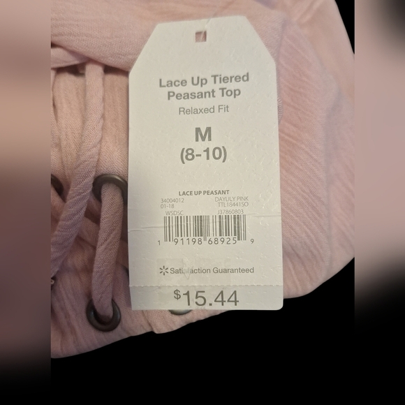 Time and Tru Pink Floral Embroidered, Lace Up Peasant Top. Size. Medium - Picture 7 of 7